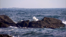 the ocean stretches to the horizon and waves crash on rocks in the midground